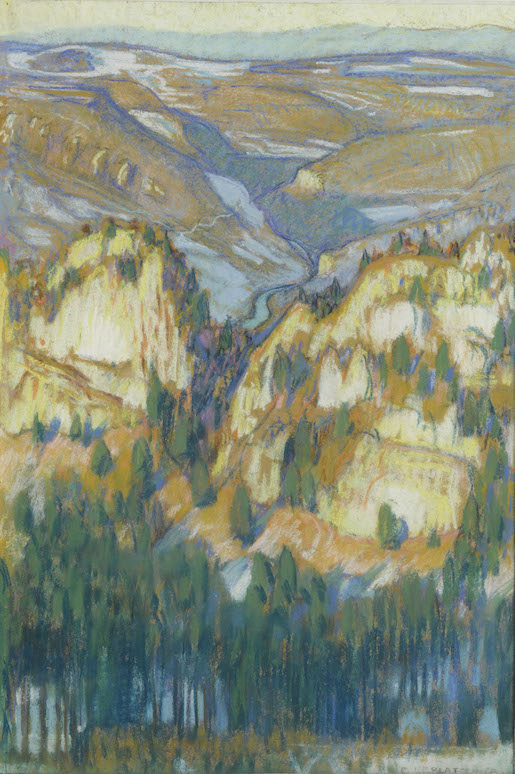 Charles L’Eplattenier, Rochers des Sommêtres et le Doubs, vers 1915 (?). Pastel sur papier, 41 × 27,5 cm. Collection privée.